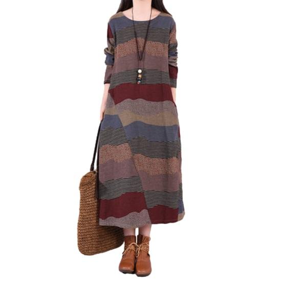 Женское платье макси с длинным рукавом из хлопка и льна, винтажное богемное платье в стиле пэчворк с принтом, с круглым вырезом, осенний свободный наряд