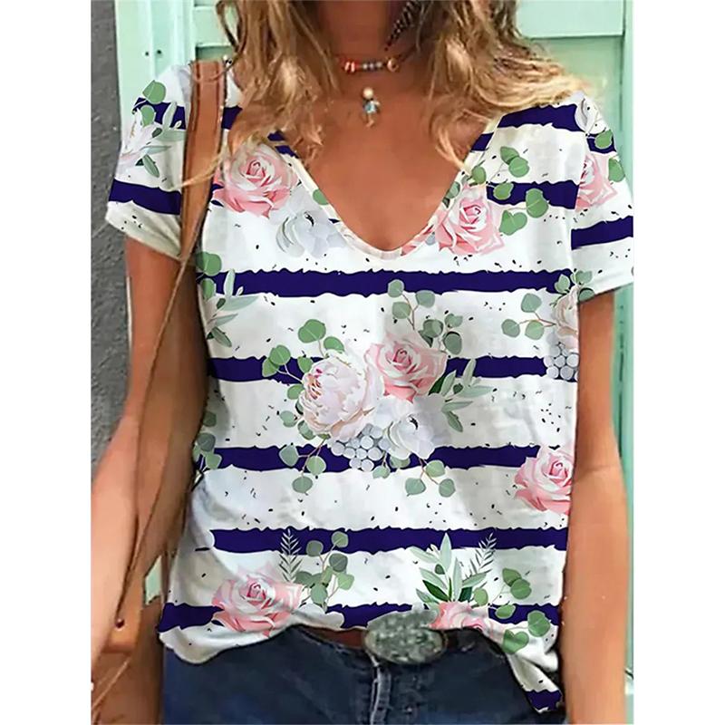 Новая футболка с цветочным принтом 3D, женская футболка с V-образным вырезом и коротким рукавом, топы Y2k, уличная одежда, футболки больших размеров в стиле Харадзюку, женская одежда