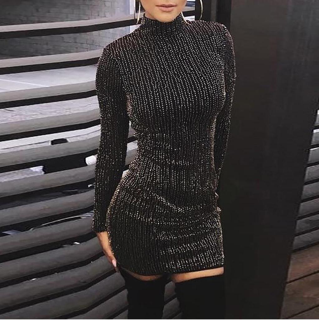 Women Sexy Sequin Turtleneck Slim Fit Lady Long Sleeve Everying Party Dress