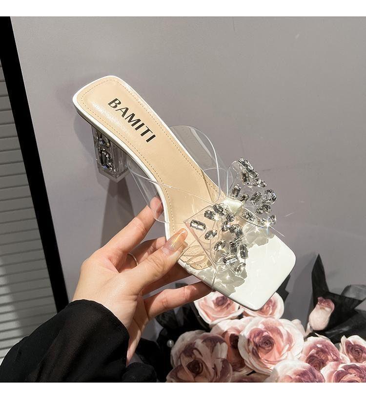 Прозрачные шлепанцы со стразами женские лето 2025 новая мода толстый каблук высокий каблук уличная обувь квадратный носок крутые шлепанцы