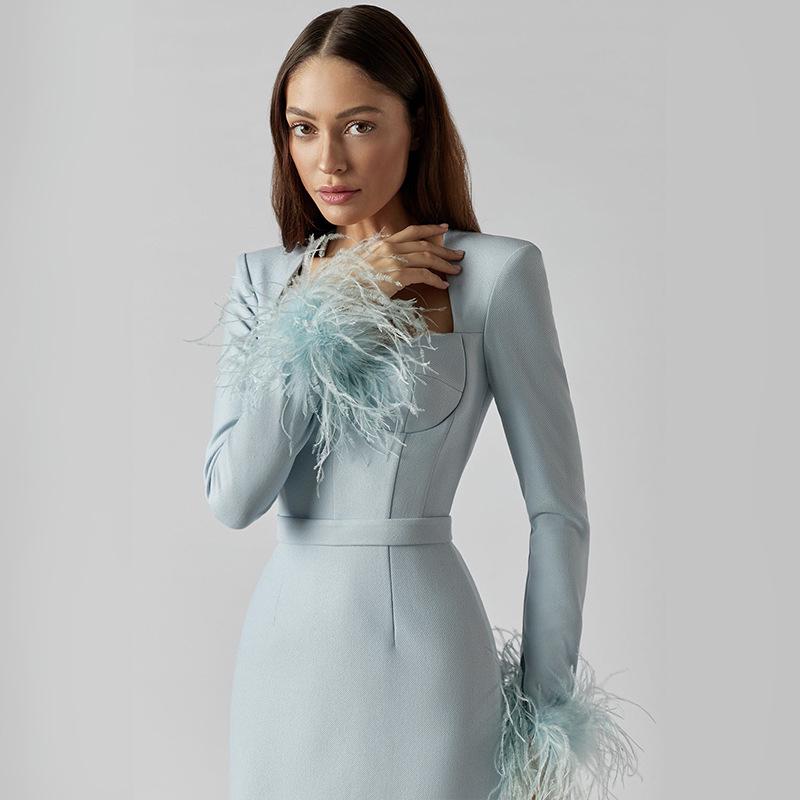 Новое вечернее платье с длинным рукавом и перьями в европейском и американском стиле с бандажной отделкой