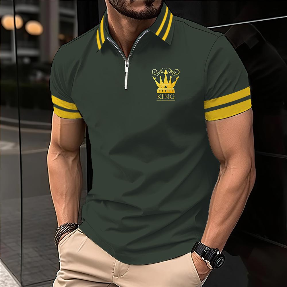Мужская рубашка-поло с короткими рукавами и принтом «king», повседневный топ, высококачественная молния, простая одежда больших размеров, летняя мода