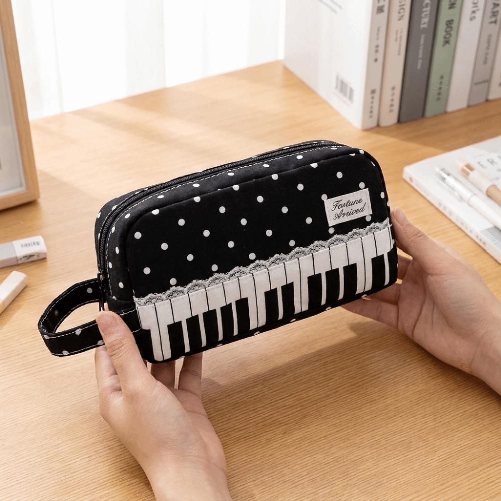 With Handle Polka Dot Pencil Pouch Large Capacity Pen Bag Kawaii Piano Pencil Case School Bag