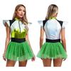Womens Space Cadet Jumpsuit Flared Sleeve Front Zip Closure Sequined Tulle Skirt Attached Boyshorts Astronaut Cosplay Bodysuit