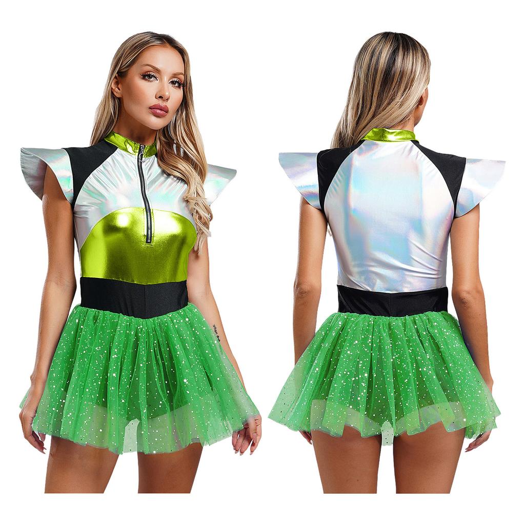 Womens Space Cadet Jumpsuit Flared Sleeve Front Zip Closure Sequined Tulle Skirt Attached Boyshorts Astronaut Cosplay Bodysuit