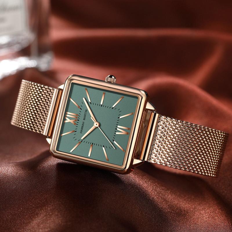 Hannah Martin Женские кварцевые часы Японский кварцевый механизм Зеленый циферблат Квадратные часы Модные наручные часы Женские часы из розового золота для женщин