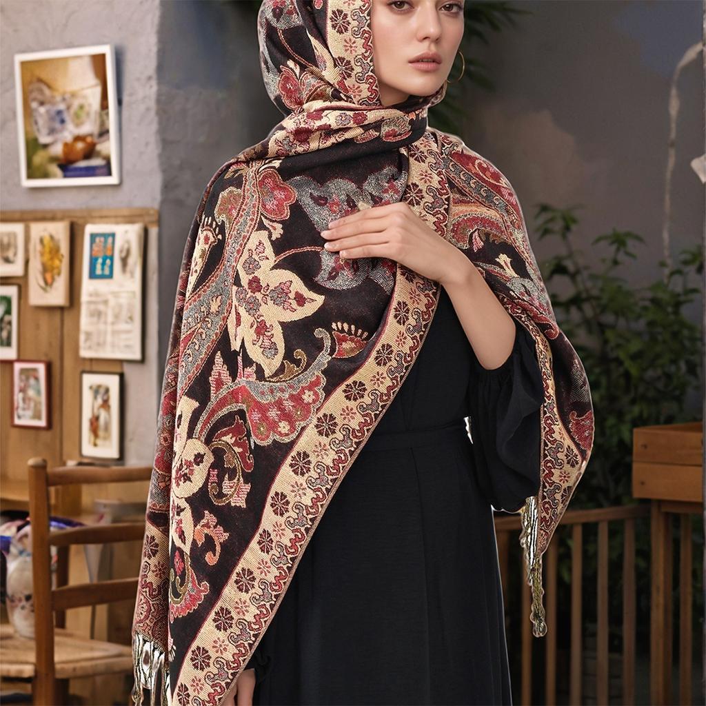 Ethnic Style Cashew Flower Polyester Long Scarf Retro Tassel Embroidered Cheongsam Scarf Travel Shawl Headscarf