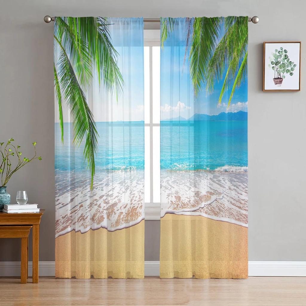 Modern Sheer Curtains Summer Beach Palm Trees Living Room Kitchen Children's Room Decoration Household Chiffon Window Curtains