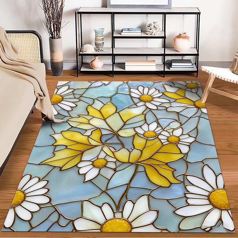 "Stained Glass Style Carpet with Daisies and Yellow Leaves Pattern" Suitable for use as an anti-slip for living room bedroom sofas
