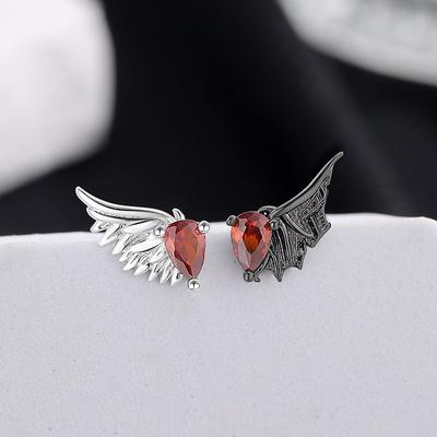 PANJBJ Серьги-гвоздики из стерлингового серебра 925 пробы с красным цирконом для женщин Нео-готика Панк Крыло Перо Ангел Дьявол Ювелирные изделия Подарок Дропшиппинг