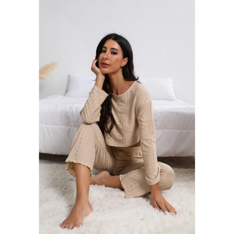 Весна Осень Однотонный Простой Модный Кроп-Топ с Длинным Рукавом Свободный Повседневный Костюм с Брюками на Резинке Женский Комплект