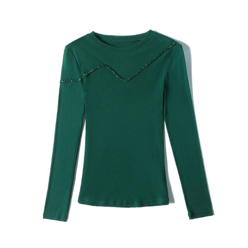 Осенний новый стиль и универсальность Тонкая круглая горловина с бисером и длинным рукавом сетчатая рубашка футболка Тонкий топ