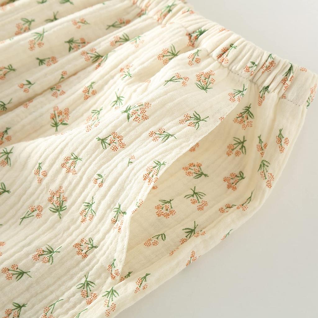 Летний Комплект Пижамы с Цветочным Верхом и Газовыми Штанами Японский Дневной [SISOFTLY] Пижама, Комплект из 6/8 предметов, Джинбей, Женская, Летняя, Хлопок, Брюки 7/8,