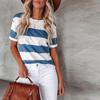 Women's Summer T-shirt Blue Striped Printed Short Sleeved T-shirt Casual Printed Top