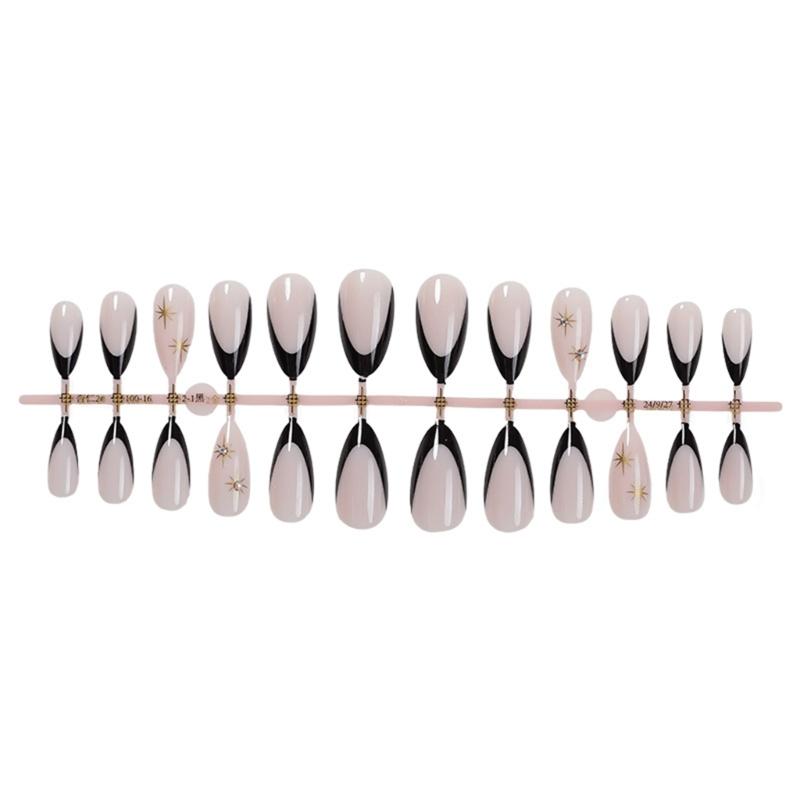 24pcs French Tip Press On Nail Almond Shape False Nail With Golden Star Designs Nail Accesories Elegant Stick on Nail