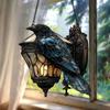 Raven On Lantern Suncatcher Decoration Indoor Outdoor Gothic Halloween Crow On Lamp Stained Glass Acrylic Hanging Ornament Pendant