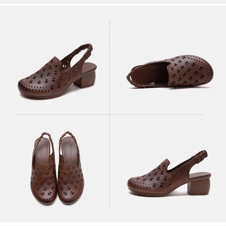 Johnature Round Toe Hollow-out Breathable Thick Heel Sandals Retro Versatile Commuting Women's Shoes