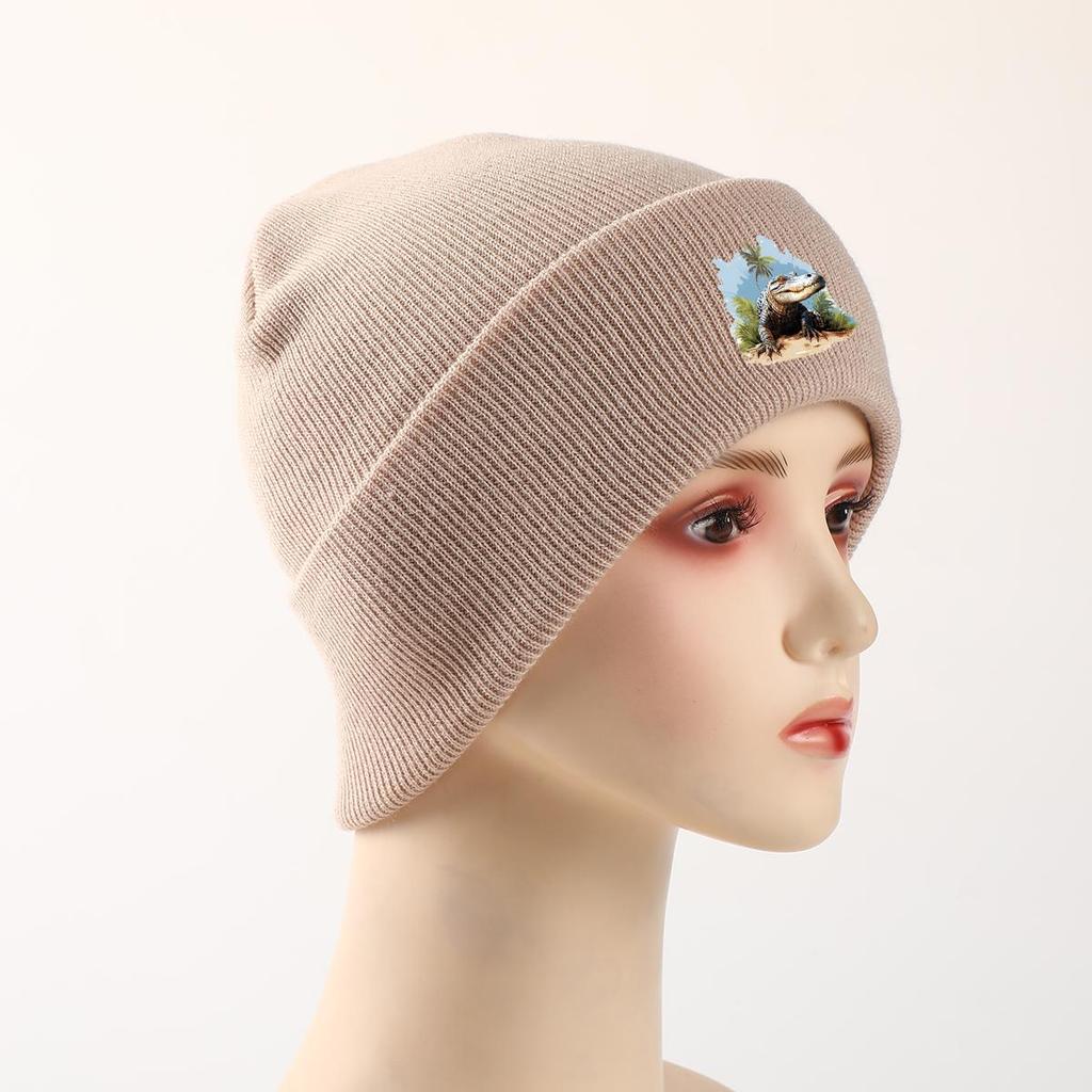 Вязаная шапка-бини с принтом крокодила и кокосовой пальмы, шапка-череп животного, мягкая шапка-бини в стиле хип-хоп с помпоном, вязаная шапка-бини