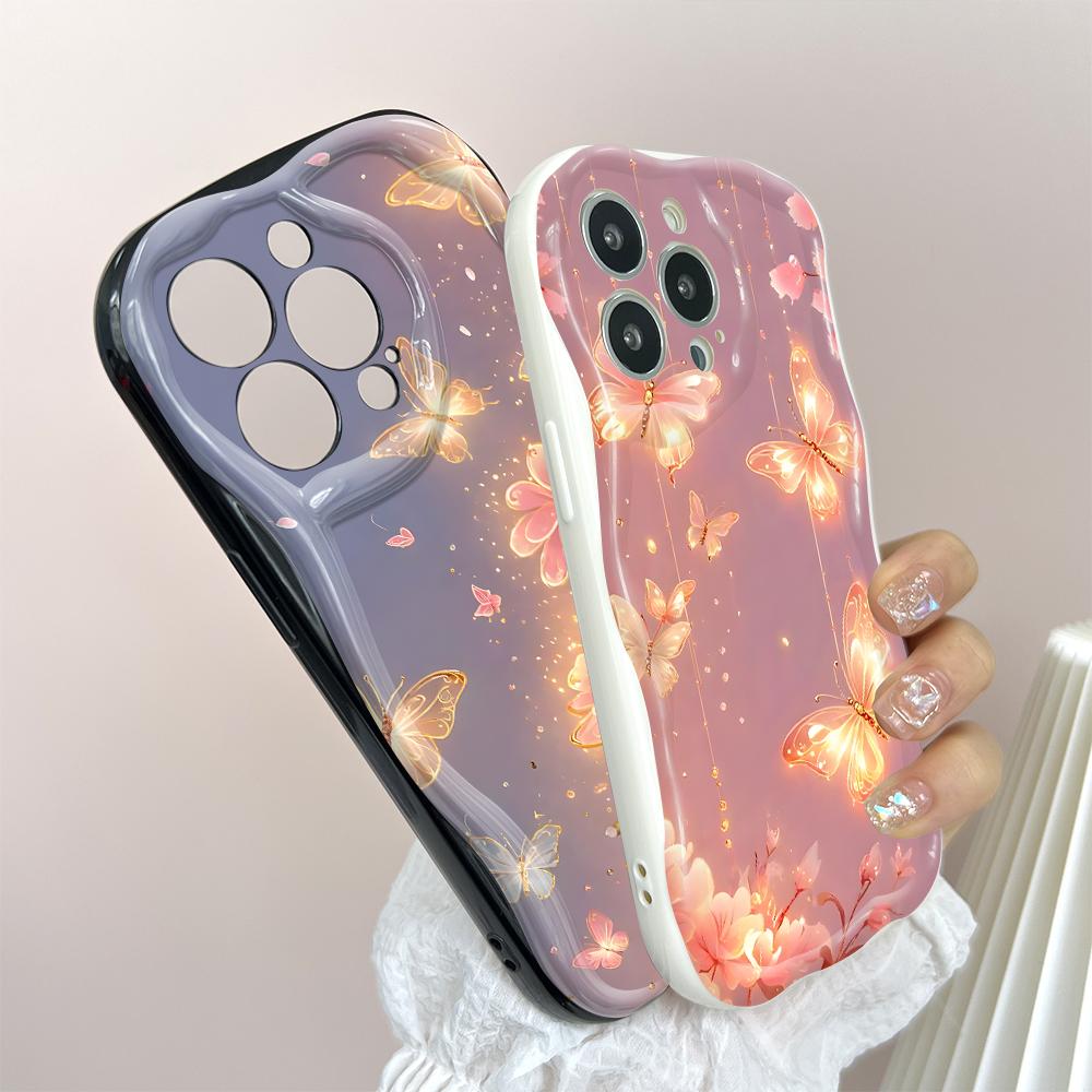 Для iPhone 16 15 14 13 12 Pro Max Samsung S24 Ultra S23 S22 Plus Redmi Note 13 Pro чехол с рисунком в виде цветов и бабочек и мягким волнистым краем