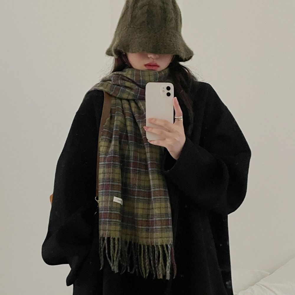 Ретро Зеленый Плед Шерстяной Шарф Плюшевая Накидка Палантин Элегантная Длинная Шаль Осень Зима