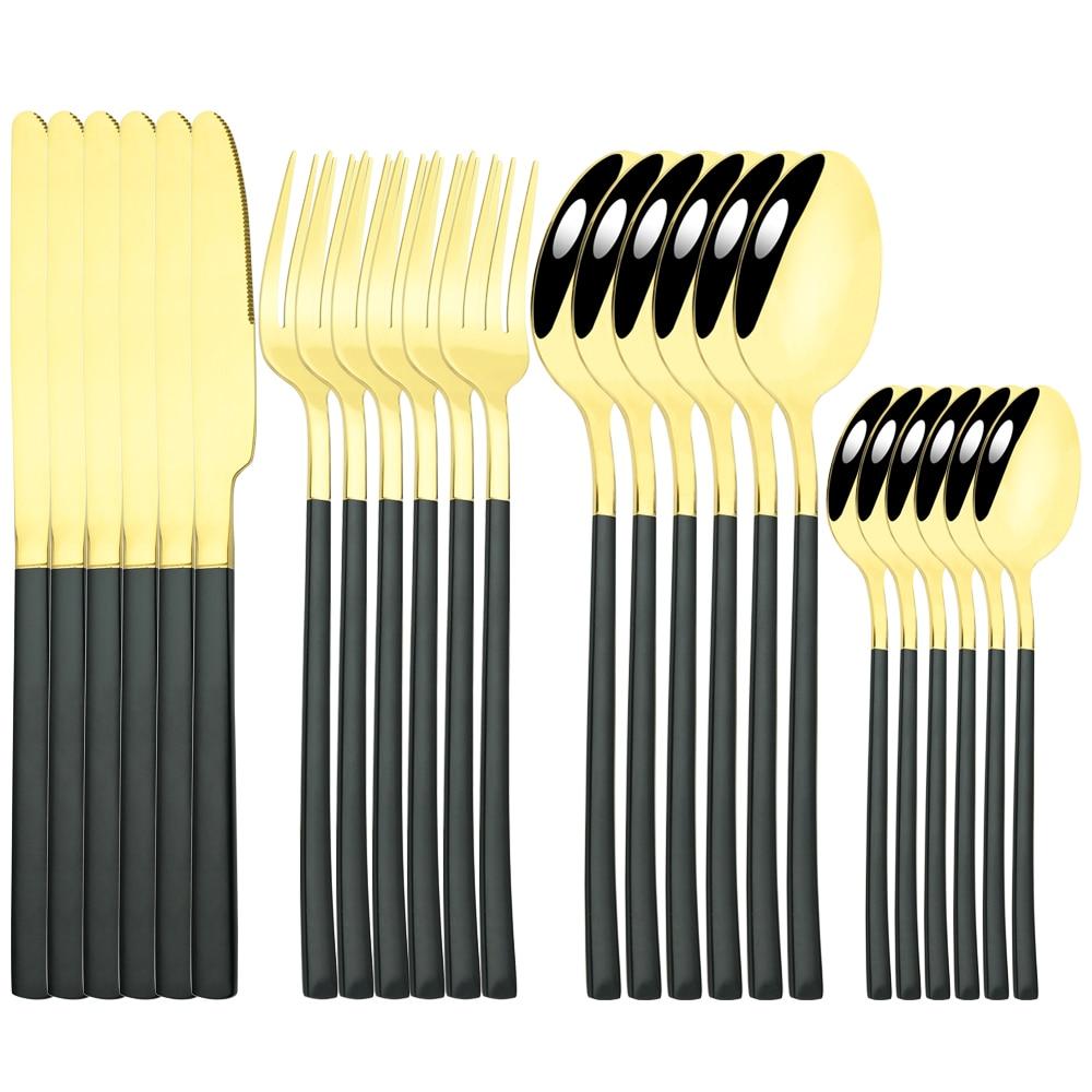 Золотая посуда, ложки, вилки, ножи, столовые приборы, 24 предмета, набор столовой посуды из нержавеющей стали, зеркальная полировка, кухонный набор столового серебра