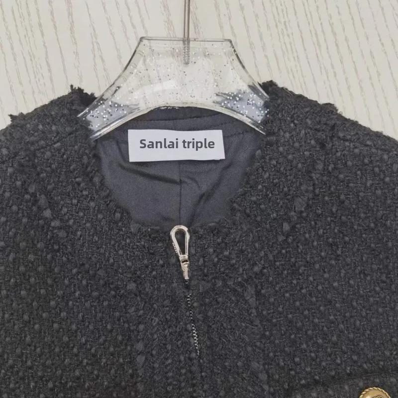 Платье из твида в европейском стиле с поясом и тонким трикотажем - круглый вырез в стиле ретро, коллекция Весна/Осень