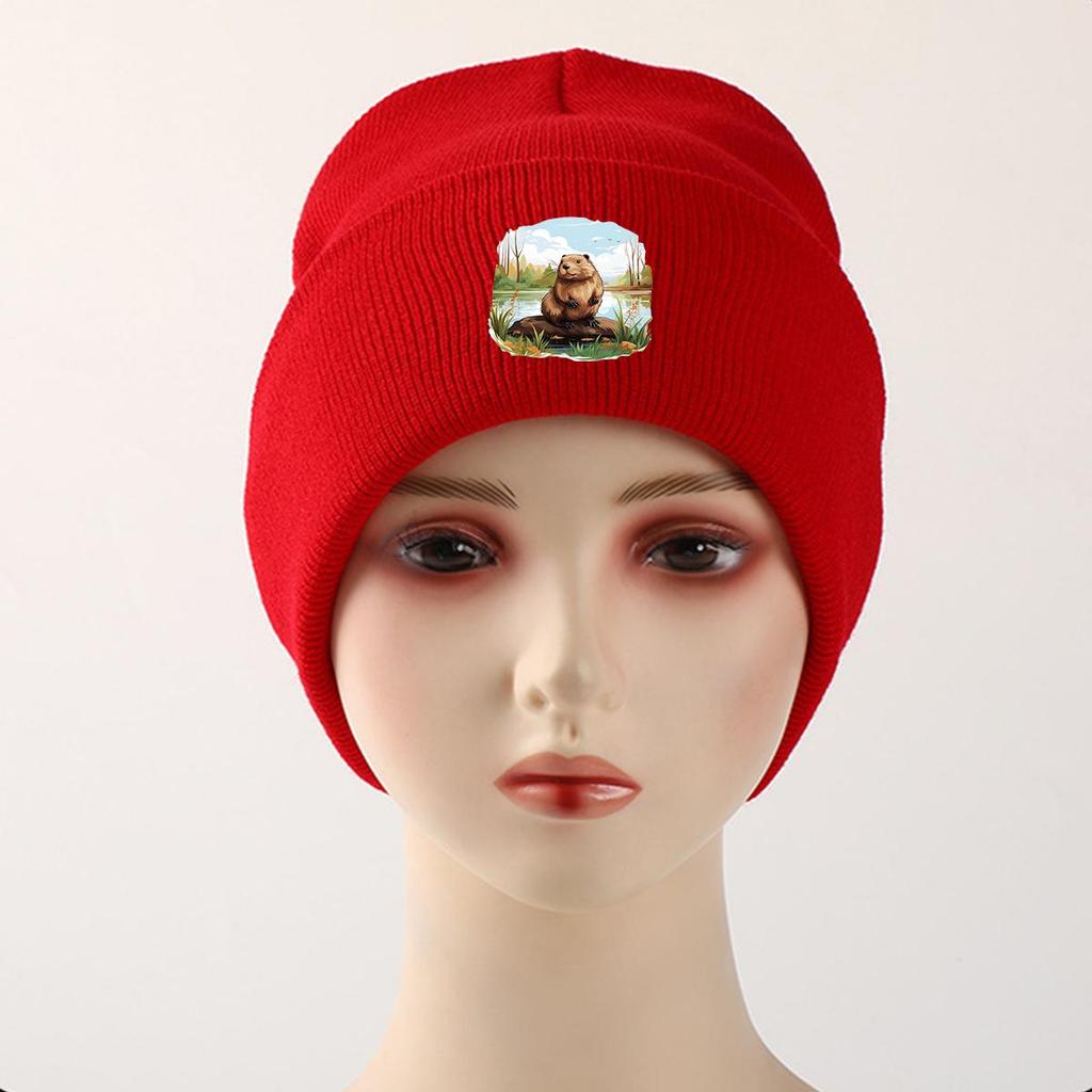 Hamster River Warm Knitted Hat Beanie, Animal Woman Cap Cozy Stretchy Leisure Gorro Knitted Cap Beanie