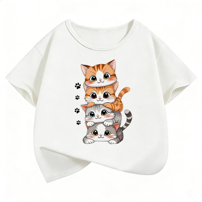 Girls Cute Stacked Kitten Kids Cotton TShirt Cartoon Cat Print Casual Tee Kawaii Animal Graphic Summer Tops