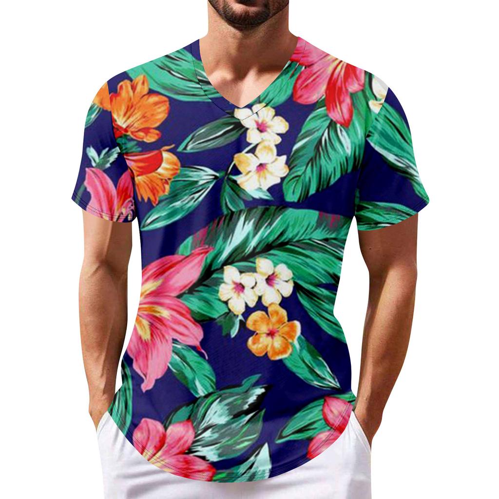 Летняя новая мужская популярная футболка с v-образным вырезом и короткими рукавами с принтом