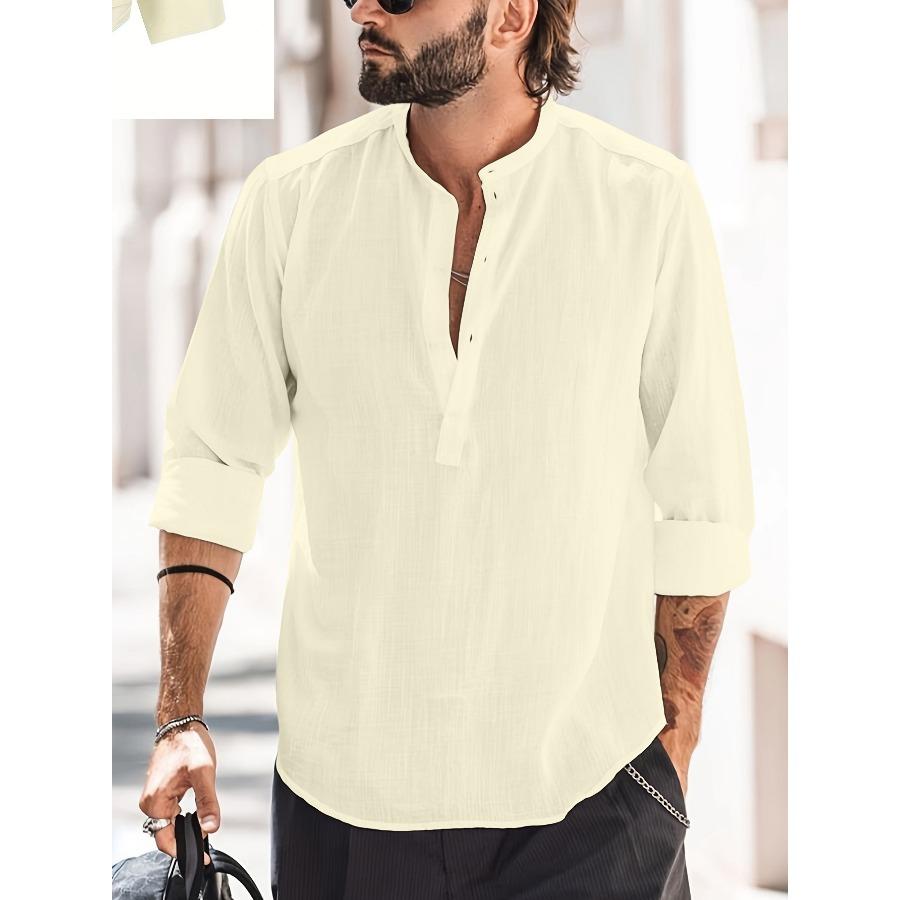 Men Henry Shirt Men's Casual Thin Cotton Linen Shirt White Black Khaki Stand Up Collar Straight Solid Color Long Sleeve Top