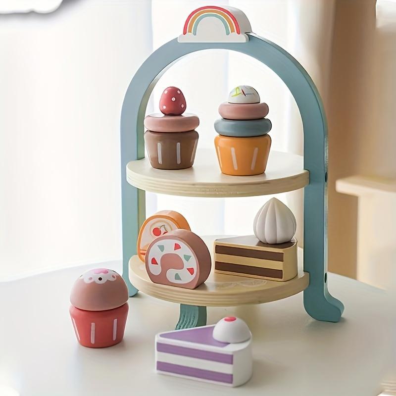 Wooden Cake Pop Shop Playset ,8 Piece Pretend Play Food Toy with Multi-Tiered Dessert Tower Educational Kitchen Roleplay Set for Kids 3+