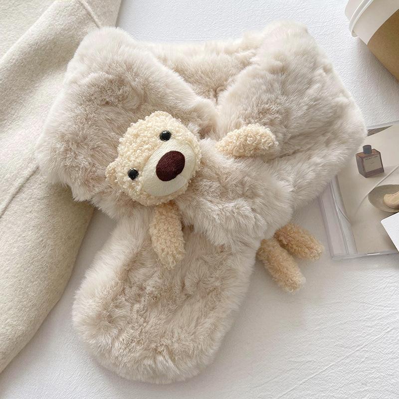 Молочный фуфу милый + медведь пушистый шарф зимний утолщенный плюшевый детский мультяшный теплый шарф-крест для девочки