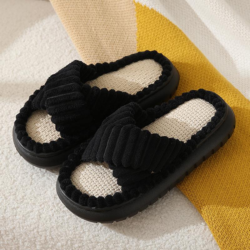 Fashion Cross Strap Corduroy Platform Slippers Women Thick Sole Comfortable Indoor House Slippers Woman Open Toe Non Slip Cotton Shoes