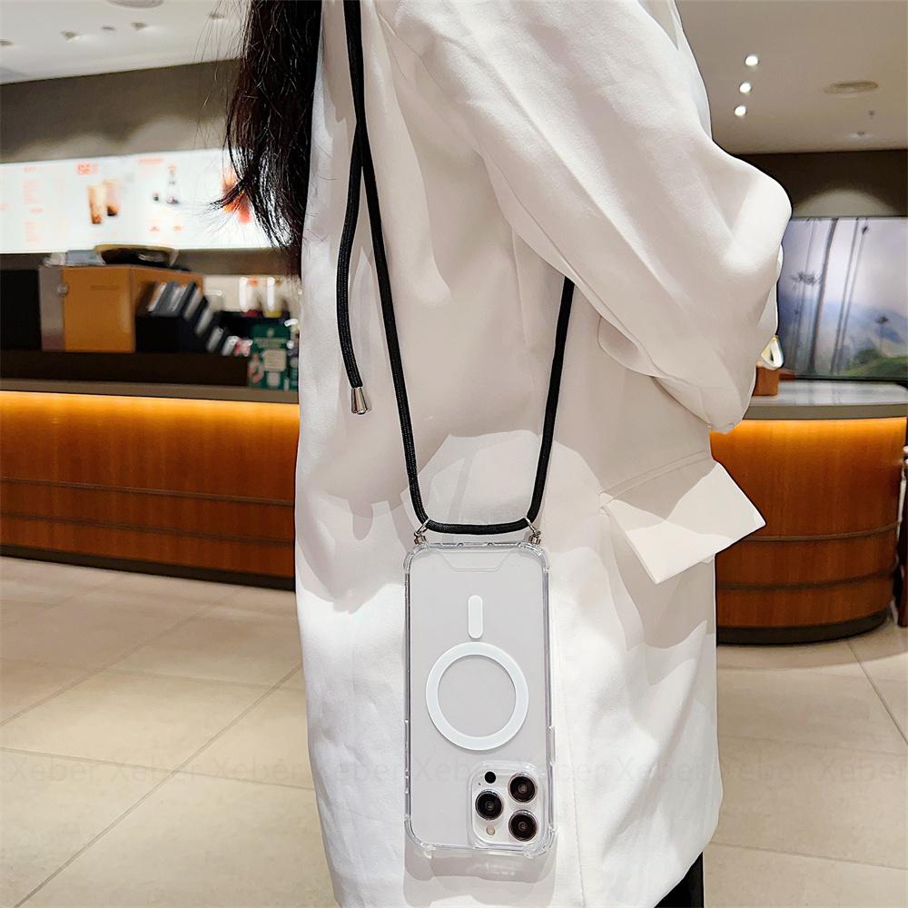 Ремешок через плечо для Magsafe, магнитный чехол с беспроводной зарядкой для iPhone 11 12 13 14 15 Pro Max X XR XS 7 8 Plus SE, прозрачный чехол