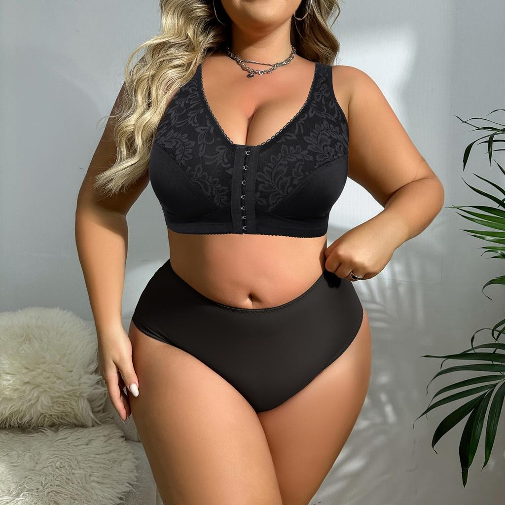Plus Size Lace Front Closure Bra & High Waist Panty Set, Racerback Supportive Lingerie for Women