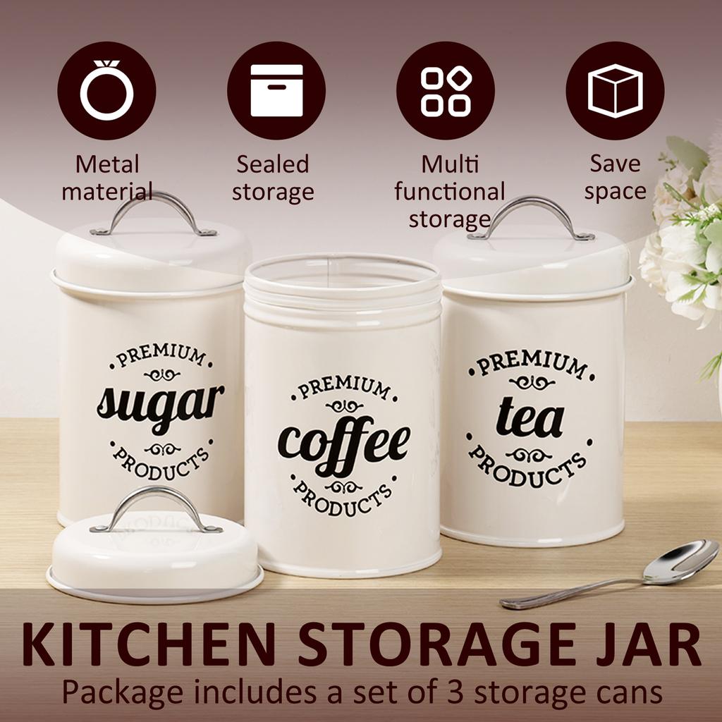 3Pcs Coffee Bean Organizer Kitchen Tea Coffee Sugar Canisters Set With Lid Metal Food Storage Cans For Kitchen Storage Supplies