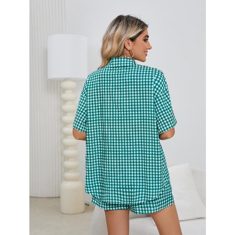 YYFS Женская мода повседневная летняя весенняя клетчатая рубашка с коротким рукавом и воротником-поло, брюки, костюмы