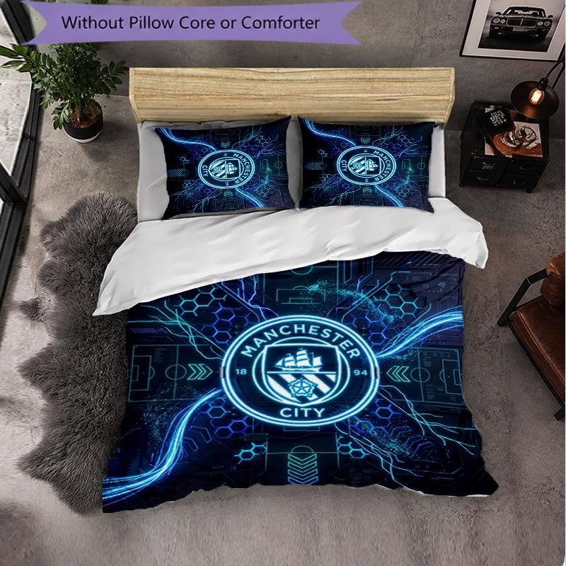 Manchester City Pattern 3 Pieces Bedding Set Soft Microfiber Duvet Cover with Pillow Cases for Bedroom