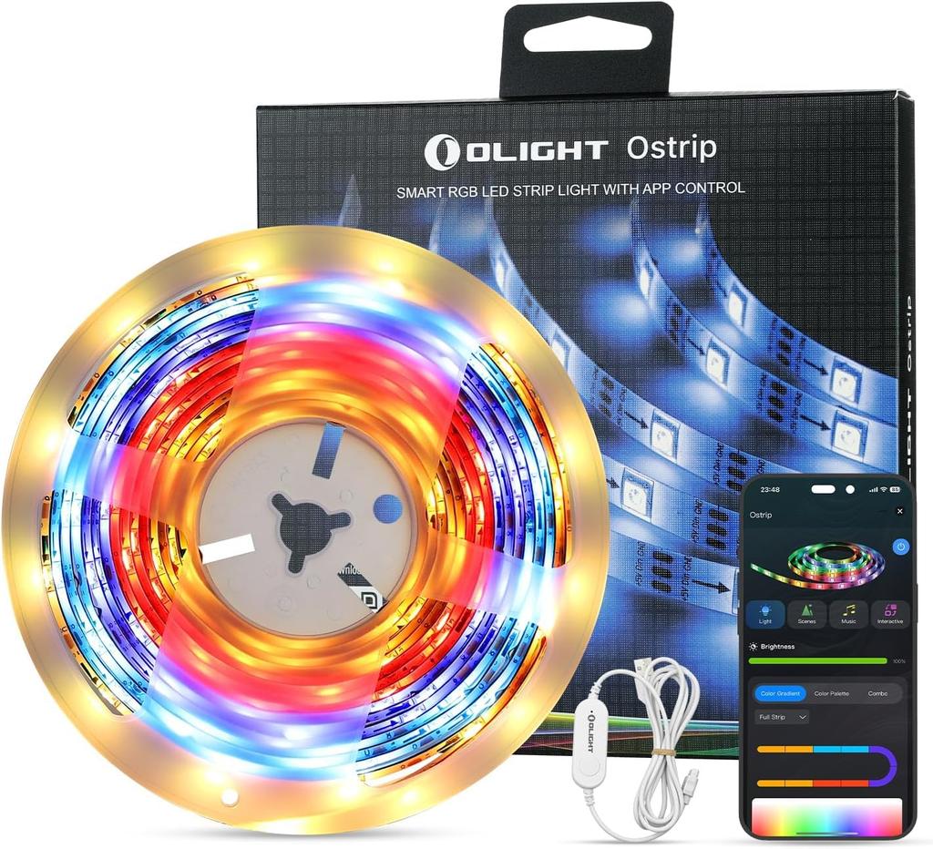 OLIGHT Ostrip LED Tape Light Strip Light Stepless Dimming Indirect Lighting 5m RGB Multicolor Control Cuttable USB IP24 Waterproof Easy Installation