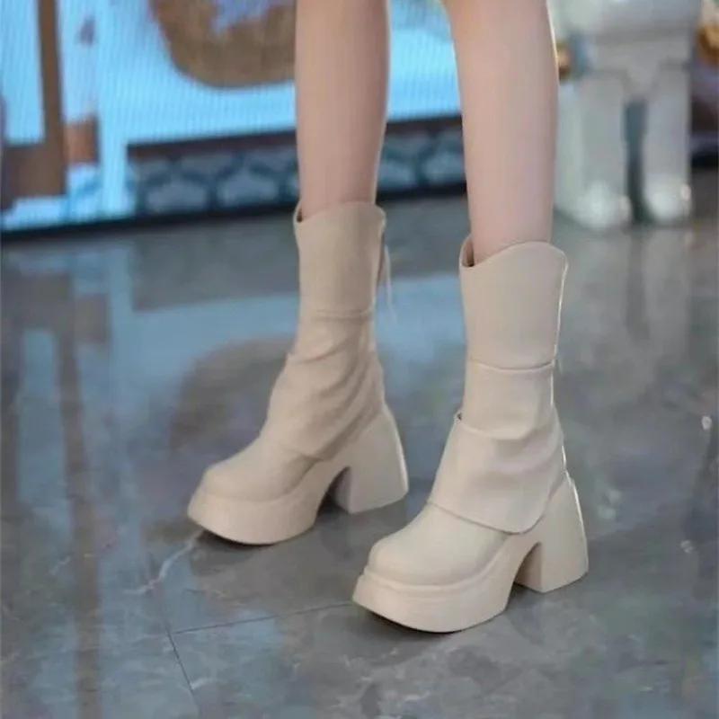 Autumn Winter Women Shoes Leather Short Boots for Women Round Toe Chunky Heel Boots Zipper Ankle Boots Female Platform Heel