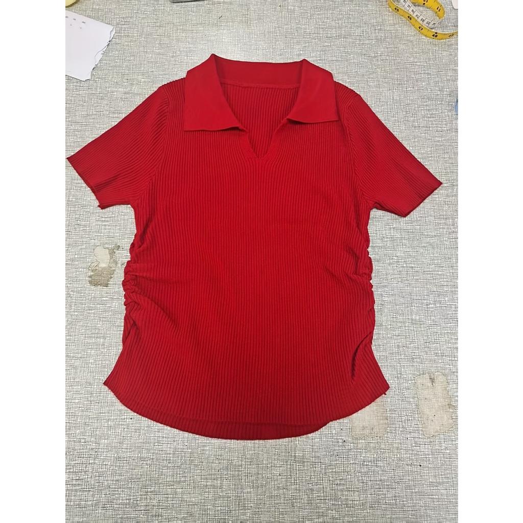 Temperament Lapel Ice Silk Knit Top Летняя свободная тонкая футболка с короткими рукавами