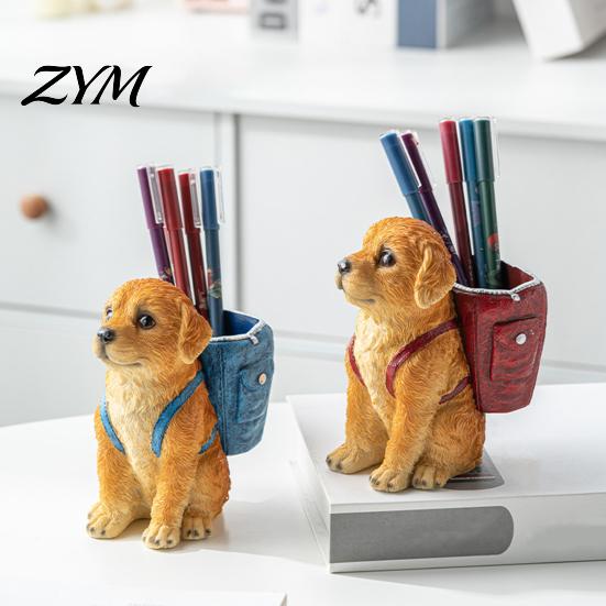 Resin Craft Gift for Kids Golden Puppy Backpack Pen Holder, Cute Animal Stationery Storage Ornament, Desktop Organizer, Office And Study Functional