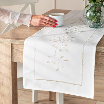 Green Melody Table Runner with Embroidery In White Fabric with Plants 38x160