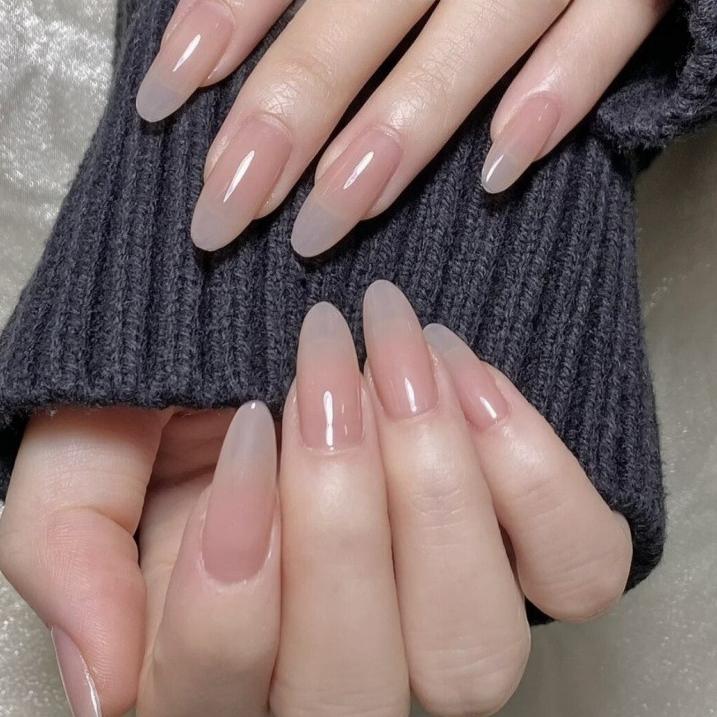 10Pcs Handmade Almond Press on Nails Medium Moonlight Pink Nail Aurora French Simple False Nails Tip Full Over Fake Nails Nude