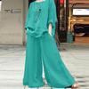 2 Pcs/Set Women Top Pants Set Round Neck Retro Long Sleeves Blouse Wide Leg Elastic Waist Trousers Daily Leisure Loose Outfit