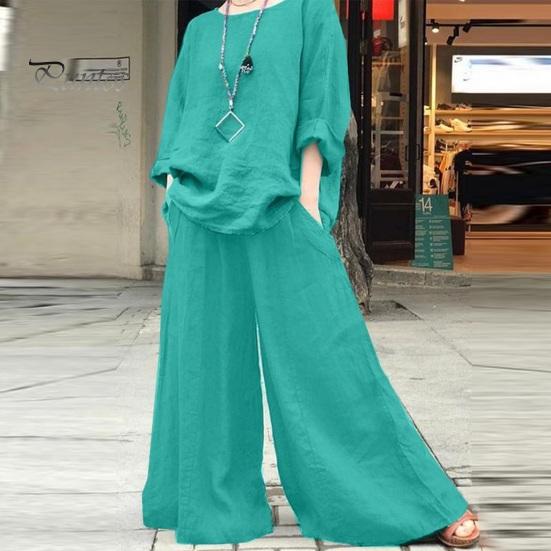 2 Pcs/Set Women Top Pants Set Round Neck Retro Long Sleeves Blouse Wide Leg Elastic Waist Trousers Daily Leisure Loose Outfit