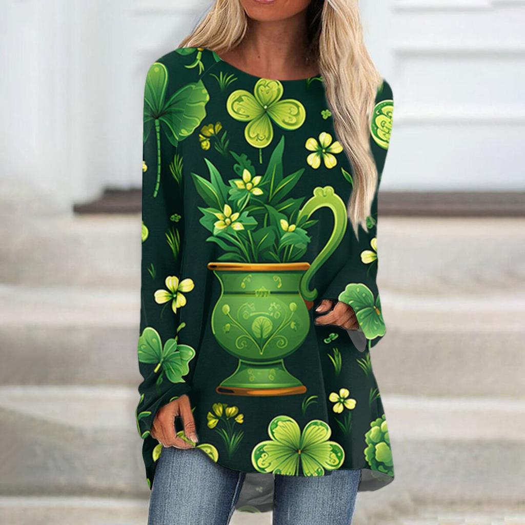 Женская повседневная мода St. Блузка средней длины с длинными рукавами и принтом «День Святого Патрика»