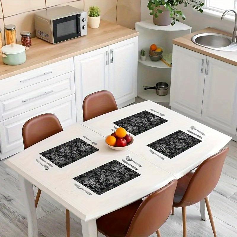 4/6/8/10PC Gothic Dark Night Placemats Silver Silk Skull Moth Vintage Floral Theme Party Escape Room Cafe