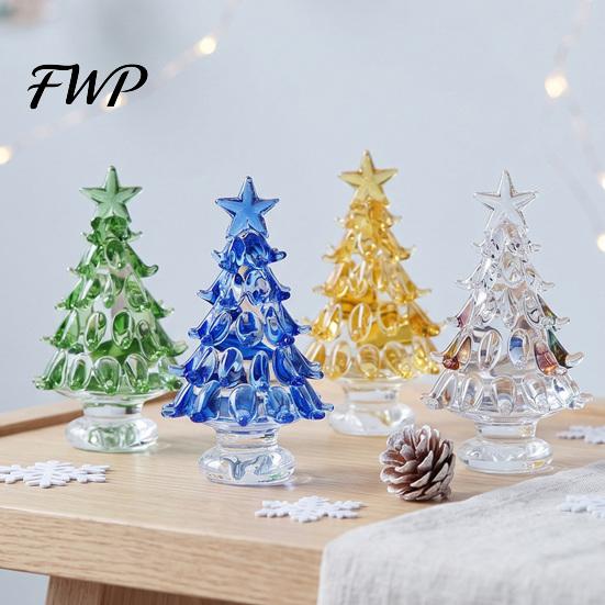 Handcrafted Glass Keepsake Hand Blown Christmas Tree Figurine, Faux Crystal Holiday Tabletop Ornament, Transparent Colored Glaze Craft Miniature
