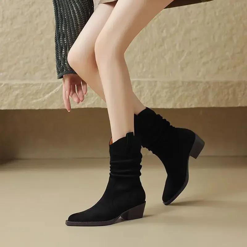 New Mid-Calf Women's Boots Fashion Slip-on Modern Boots   Sale Round Toe Square Heel Shoes